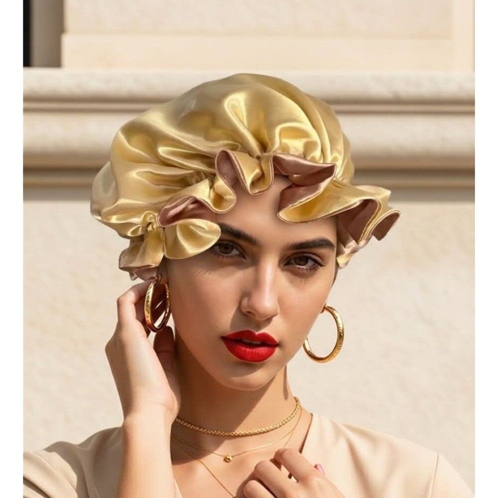 Reversible Satin Sleep Bonnet Hat – Brown & Yellow – Extra Large, Elastic Fit - Picture 2 of 2